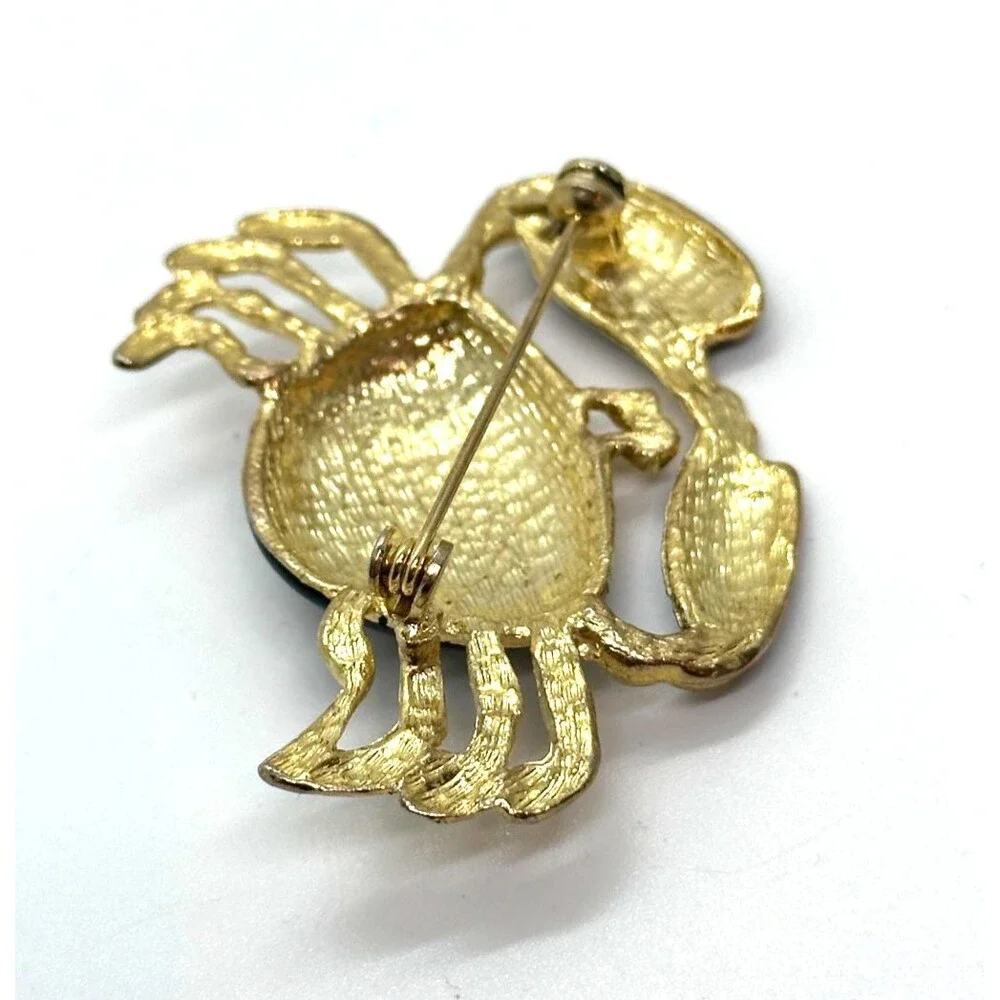 Black Enamel Crab Brooch Gold Tone Coastal Nautical Beach Statement Pin